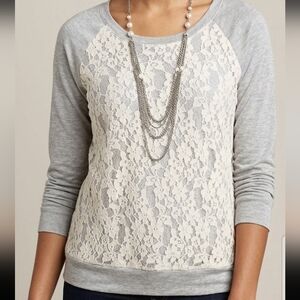 Cha Cha Vente Grey Lace Panel Raglan Boho Top Med